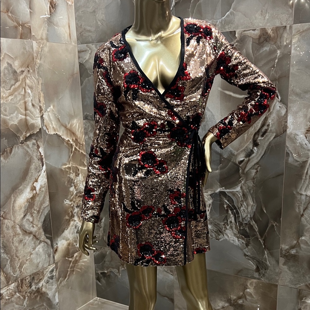 Zara Metallic Sequin Dress with Red Floral Design